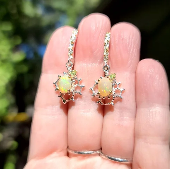 Opal & Peridot honeycomb sterling & gold Earrings - Picture 6 of 8